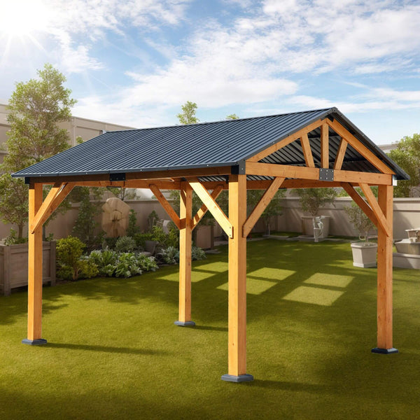 [09X11FT] Heavy-Duty All-Weather Hardtop Wooden Carport Gazebo With Galvanized Steel Roof (SAK39187)