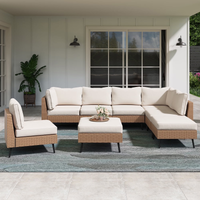 8 Pieces Outdoor Furniture Set, Patio Rattan Wicker Sectionals with 6 Chairs and 2 Ottomans, Beige Cushions