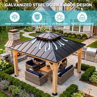 [10X10FT] Permanent Galvanized Steel Double Roof Cedar Wood Gazebo (SAK73842)
