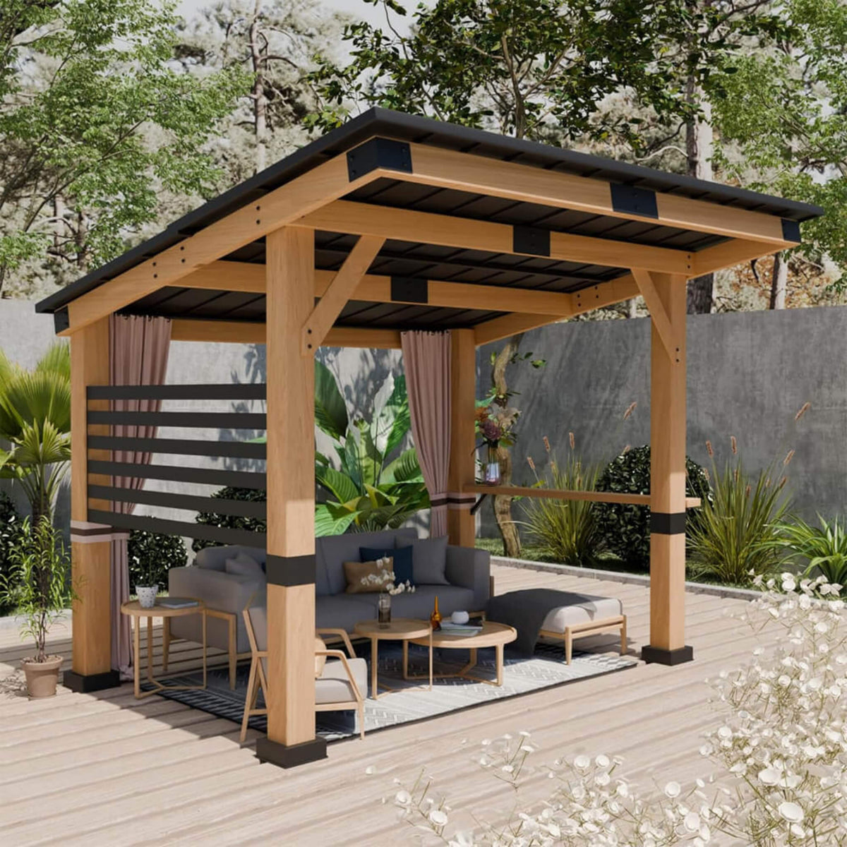 [10X12FT] Heavy-Duty Premium Outdoor All-Season Wooden Cedar Hardtop Gazebo With Metal Roof & Back Curtains