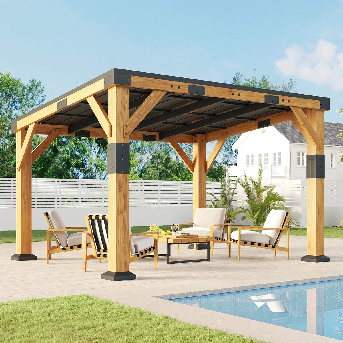 [10X12FT] Heavy-Duty Sloped Galvanized Steel Roof Cedar Wood Gazebo (SAK64831)