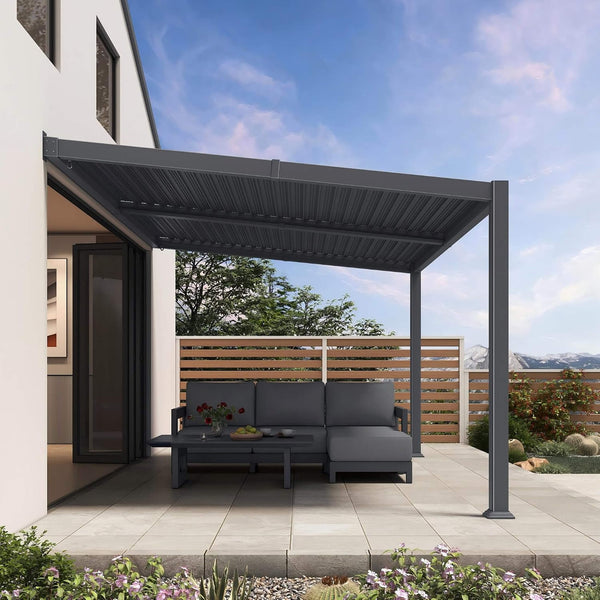[10X14FT] Modern Wall-Mounted Louvered Pergola With Aluminum Frame
