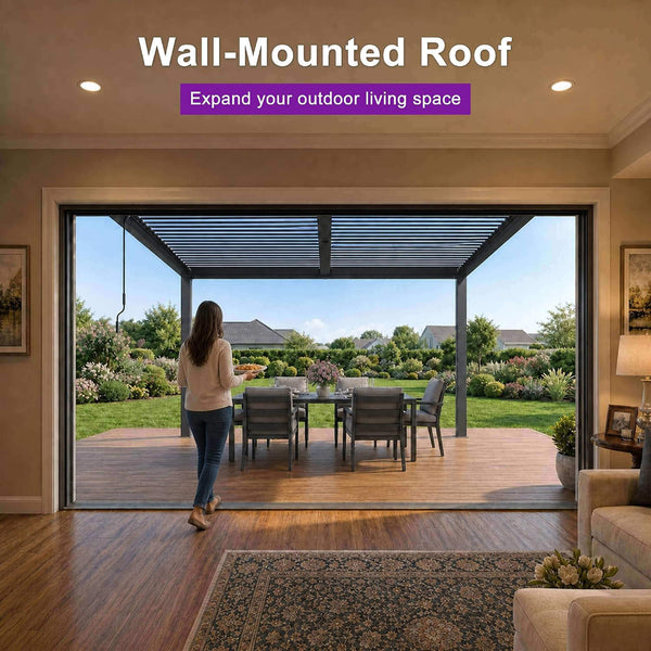 [10X14FT] Modern Wall-Mounted Louvered Pergola With Aluminum Frame