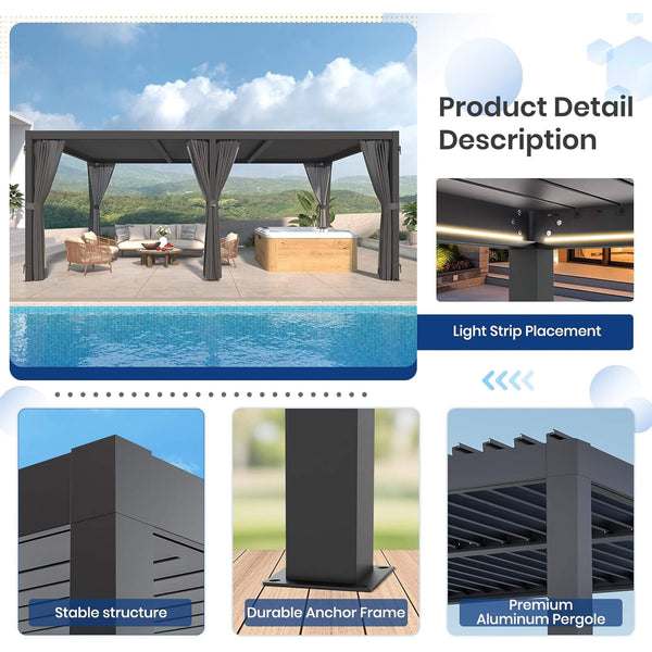 [10X20FT] Premium Louvered Pergola With Curtains And Netting