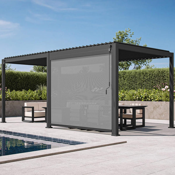 [10X20FT] Modern Outdoor Adjustable Charcoal Louvered Pergola With Screens And Built-In Drainage