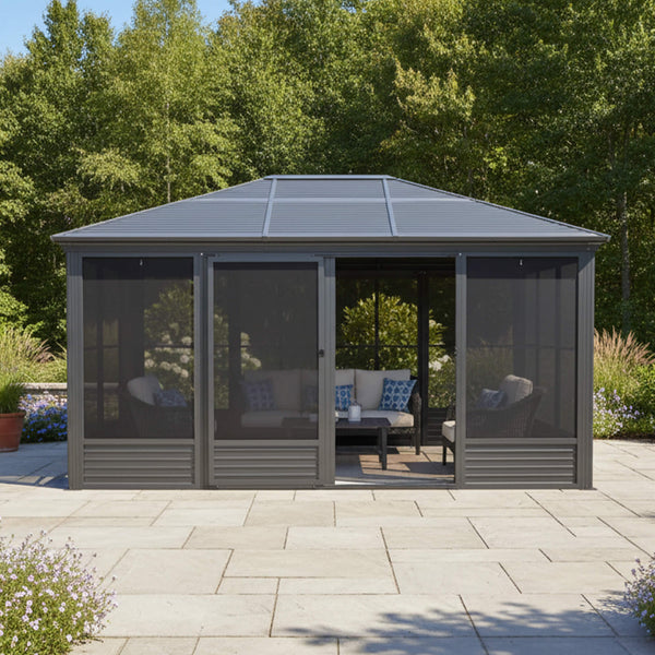 [11X14FT] Meridian Premium Four Season Outdoor Aluminum Hardtop Gazebo Sunroom With Galvanized Steel Roof, Sliding Doors And Movable PVC Screen Walls