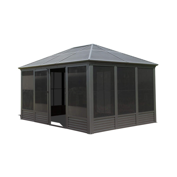 [11X14FT] Meridian Premium Four Season Outdoor Aluminum Hardtop Gazebo Sunroom With Galvanized Steel Roof, Sliding Doors And Movable PVC Screen Walls
