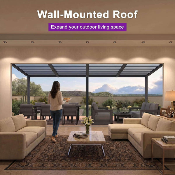 [11X18FT] Modern Wall-Mounted Louvered Pergola With Aluminum Frame