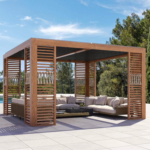 [12X12FT] Premium Outdoor Wood Grain Louvered Pergola With Integrated Drainage