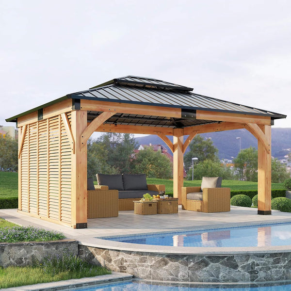 [12X14FT] Modern Double-Tier Hardtop Spruce Wood Gazebo With Built-In Privacy Wall & Ceiling Hooks (SAK75086)