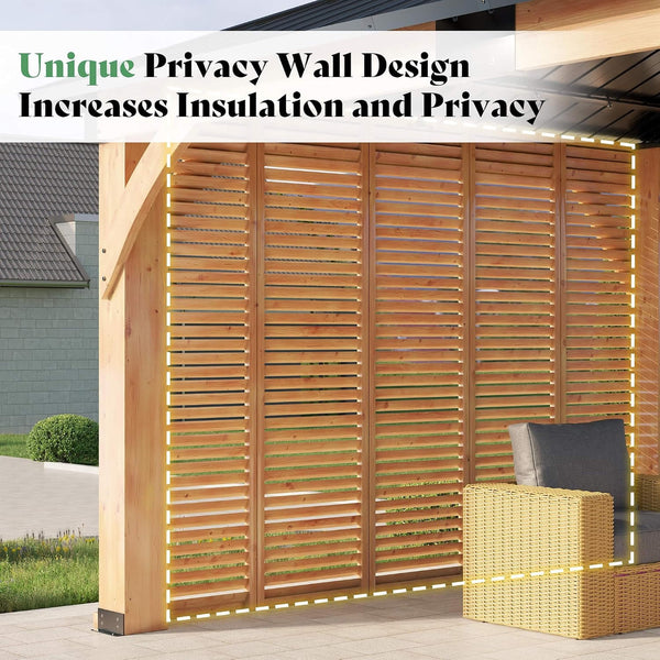 [12X14FT] Modern Double-Tier Hardtop Spruce Wood Gazebo With Built-In Privacy Wall & Ceiling Hooks (SAK75086)