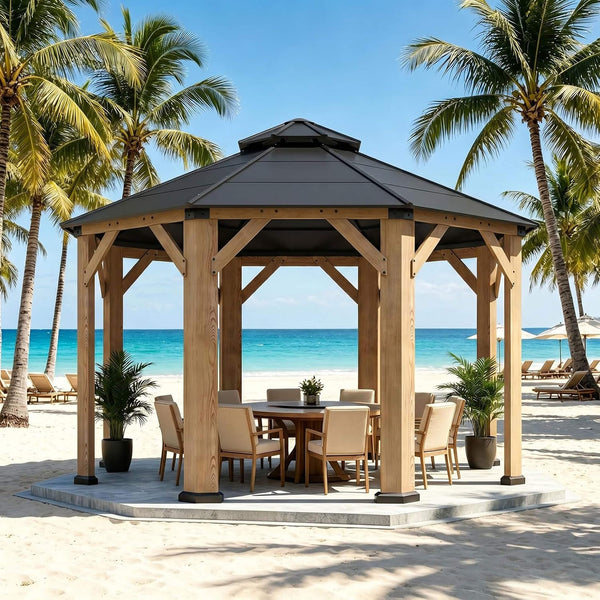 [13X13FT] Premium All-Weather Octagonal Double Hardtop Cedar Wood Gazebo (SAK42795)