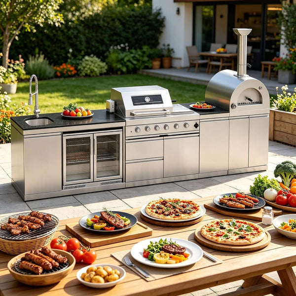 150-Inch 4-Burner 108K BTU Outdoor Kitchen Island With Pizza Oven, Rotisserie & Refrigerator