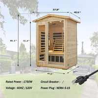 Vexa Luxury 2-Person Outdoor Low EMF Hemlock Infrared Sauna With Bluetooth And Chromotherapy Light