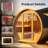 Varenna 6-Person Outdoor Traditional Carbonized Spruce Barrel Sauna