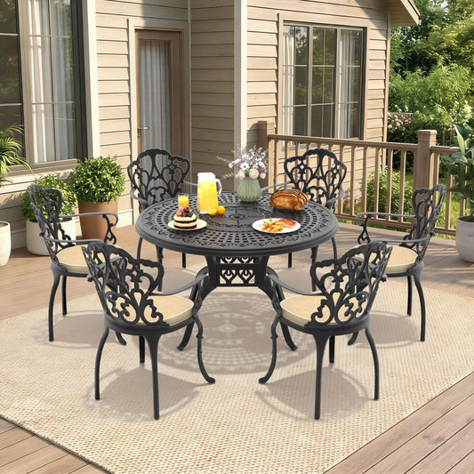 7-Piece Cast Aluminum Patio Furniture Set With Black Frame And Off-White Cushions (SAK12948)