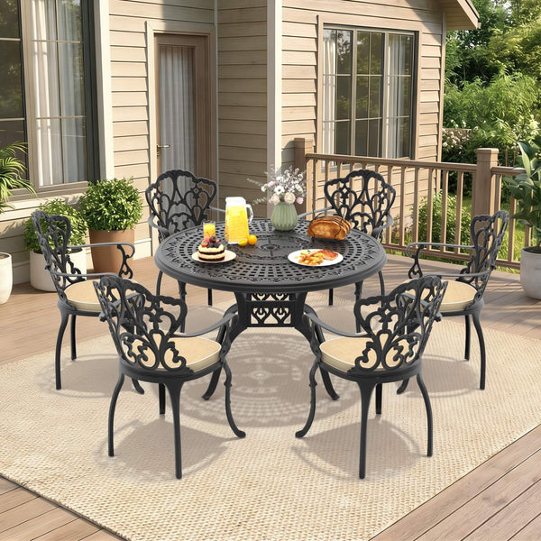 7-Piece Cast Aluminum Patio Furniture Set With Black Frame And Off-White Cushions (SAK12948)
