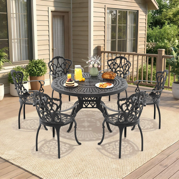 7-Piece Cast Aluminum Patio Furniture Set With Black Frame And Off-White Cushions (SAK12948)