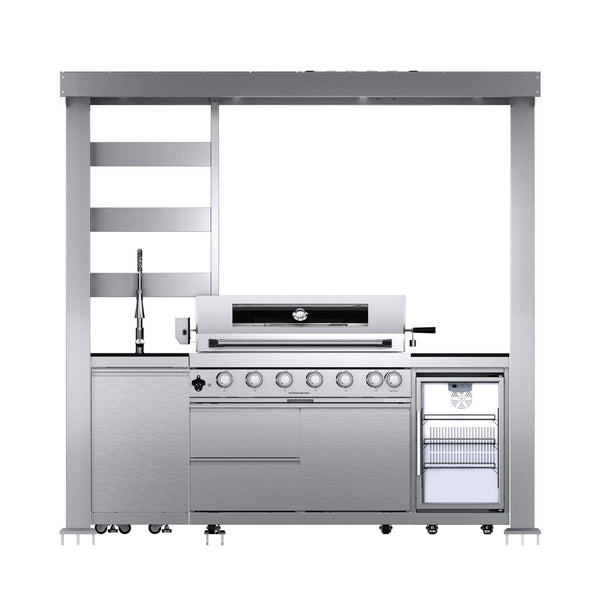 Astoria 94-Inch 6-Burner 85K BTU Outdoor Kitchen Grill Island With Wine Cooler, Rotisserie, Cabinets, And Granite Countertops
