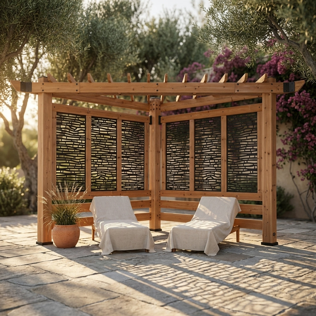 Verona 8 Ft. X 8 Ft. Light Brown Wooden Cabana Pergola with Bamboo Privacy Panels — Studio Shot