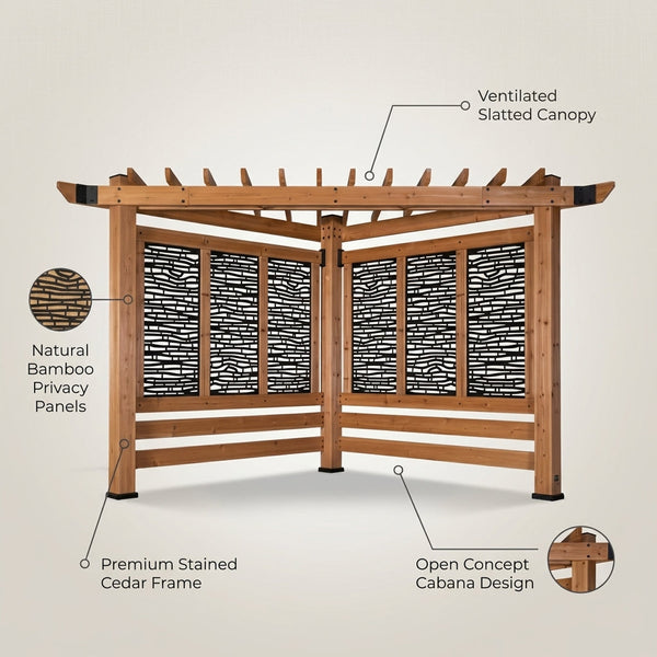 Verona 8 Ft. X 8 Ft. Light Brown Wooden Cabana Pergola with Bamboo Privacy Panels