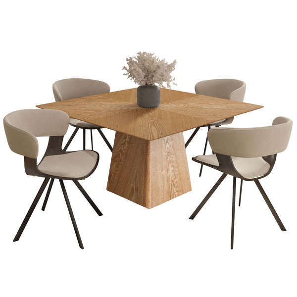 LeisureMod Zephry 5-Piece Dining Set with Square Table & 4 Leather Chairs