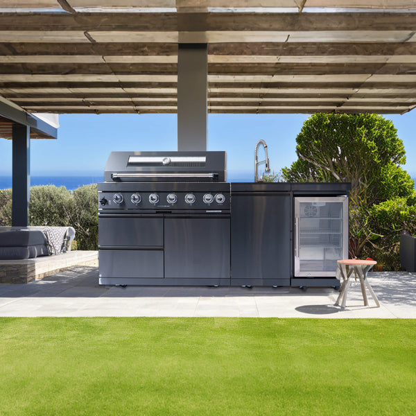 Avalon 43-Inch 6-Burner 85K BTU Outdoor BBQ Kitchen Grill Island With Wine Fridge, Rotisserie Kit, And Sink