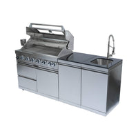 Valmont 43-Inch 6-Burner 85K BTU Outdoor BBQ Kitchen Grill Island With Granite Countertops, Rotisserie Kit, Cabinets, And Sink)