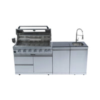 Valmont 43-Inch 6-Burner 85K BTU Outdoor BBQ Kitchen Grill Island With Granite Countertops, Rotisserie Kit, Cabinets, And Sink)