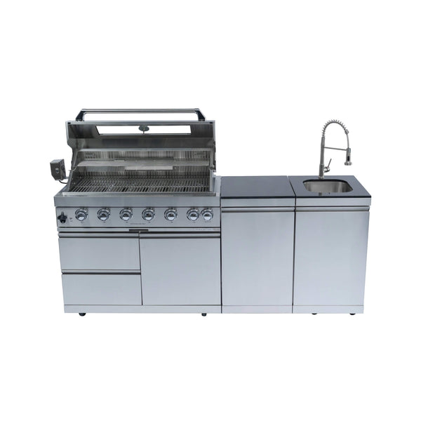 Valmont 43-Inch 6-Burner 85K BTU Outdoor BBQ Kitchen Grill Island With Granite Countertops, Rotisserie Kit, Cabinets, And Sink)