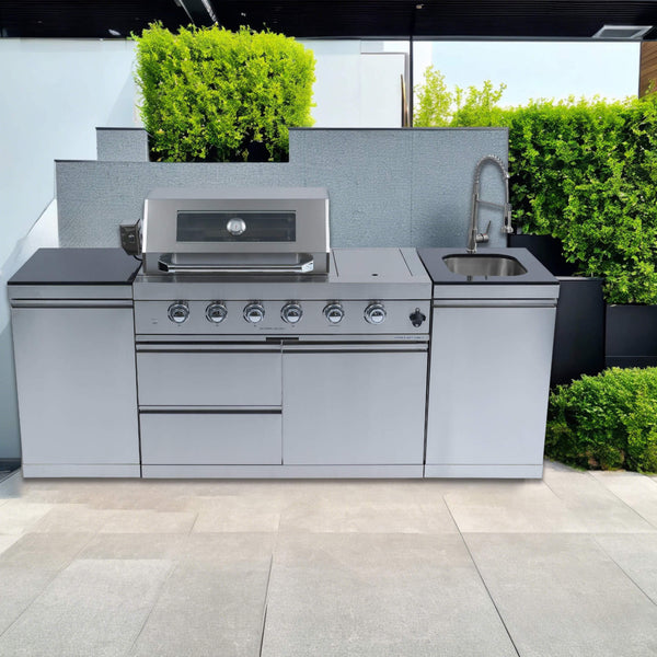 Aurelia 46-Inch 4-Burner 72K BTU Stainless Steel Outdoor BBQ Kitchen Grill Island With 46-Inch 4-Burner 85K BTU Grill, Rotisserie Kit, And Cabinets