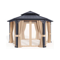 [13X15FT] Double-Tier Hexagonal Metal Hardtop Patio Gazebo With Curtains (SAK84137)