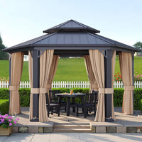 [13X15FT] Double-Tier Hexagonal Metal Hardtop Patio Gazebo With Curtains (SAK84137)