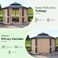 [13X15FT] Double-Tier Hexagonal Metal Hardtop Patio Gazebo With Curtains (SAK84137)