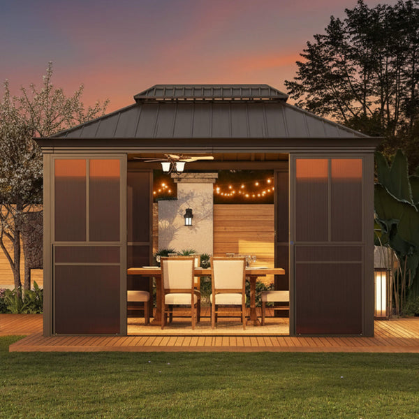 Terrace Fully-Enclosed Outdoor Black Sunroom With Lockable Sliding Doors And Galvanized Double Steel Roof