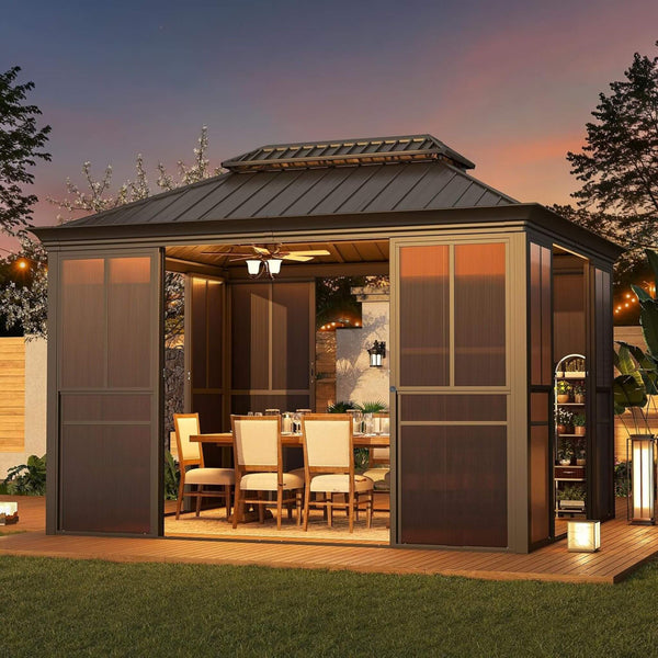 Terrace Fully-Enclosed Outdoor Black Sunroom With Lockable Sliding Doors And Galvanized Double Steel Roof