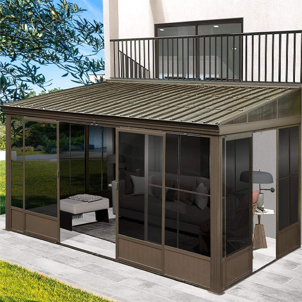 [12X14FT] Haven Large Outdoor All-Season Wall-Mounted Sunroom With Galvanized Steel Roof & Moveable PVC Screen