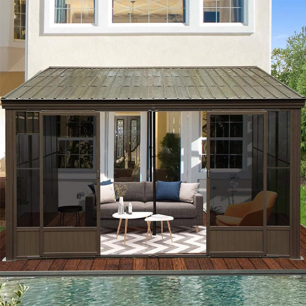 [12X14FT] Haven Large Outdoor All-Season Wall-Mounted Sunroom With Galvanized Steel Roof & Moveable PVC Screen