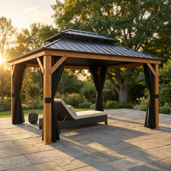12' X 16' Outdoor Hardtop Gazebo, Wood Grain Gazebo W/Double Metal Roof for Patio, Rustic