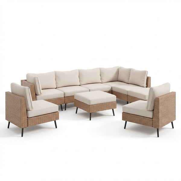 8 Pieces Outdoor Furniture Set, Patio Rattan Wicker Sectionals with 6 Chairs and 2 Ottomans, Beige Cushions