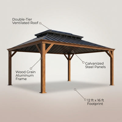 12' X 16' Outdoor Hardtop Gazebo, Wood Grain Gazebo W/Double Metal Roof for Patio, Rustic