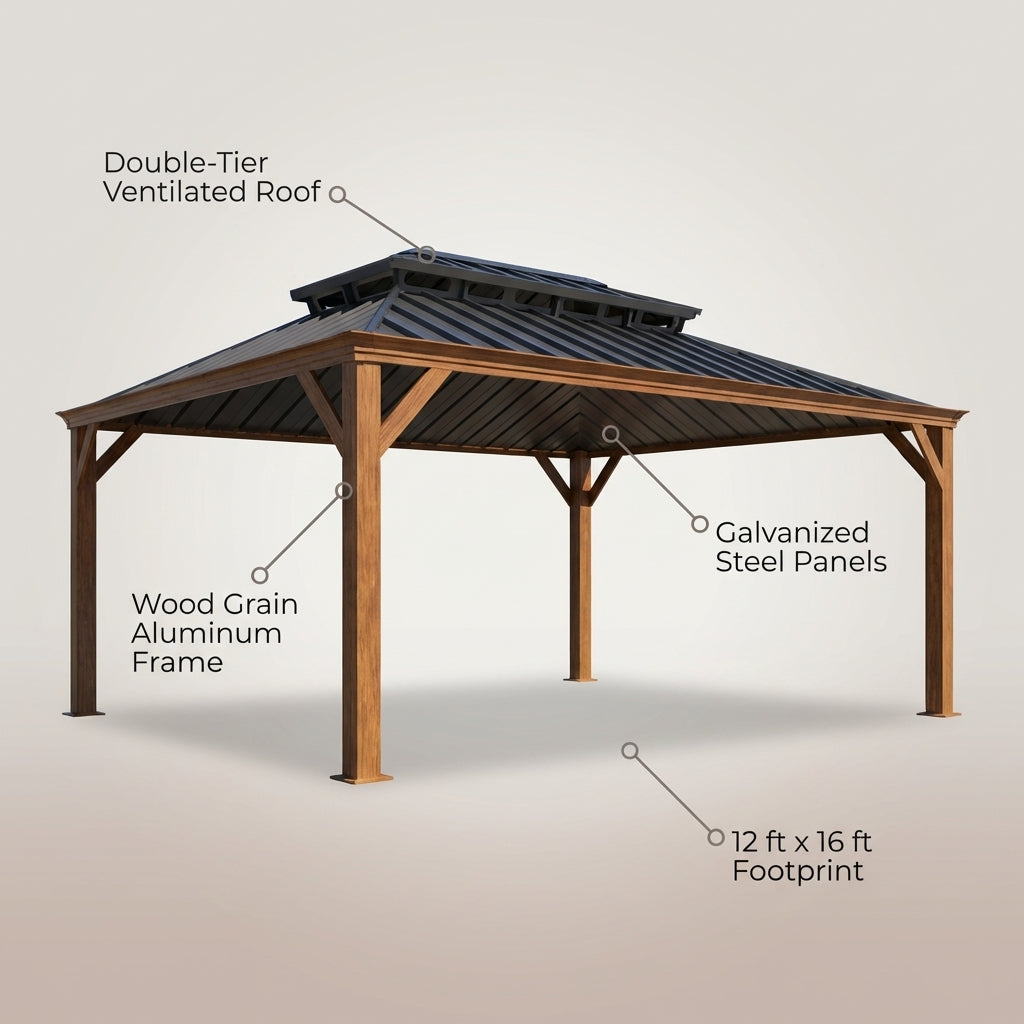 12' X 16' Outdoor Hardtop Gazebo, Wood Grain Gazebo W/Double Metal Roof for Patio, Rustic — Feature Infographic