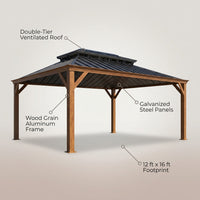 12' X 16' Outdoor Hardtop Gazebo, Wood Grain Gazebo W/Double Metal Roof for Patio, Rustic — Feature Infographic