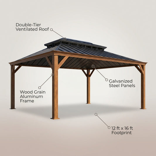 12' X 16' Outdoor Hardtop Gazebo, Wood Grain Gazebo W/Double Metal Roof for Patio, Rustic — Feature Infographic