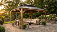 12' X 16' Outdoor Hardtop Gazebo, Wood Grain Gazebo W/Double Metal Roof for Patio, Rustic — Lifestyle