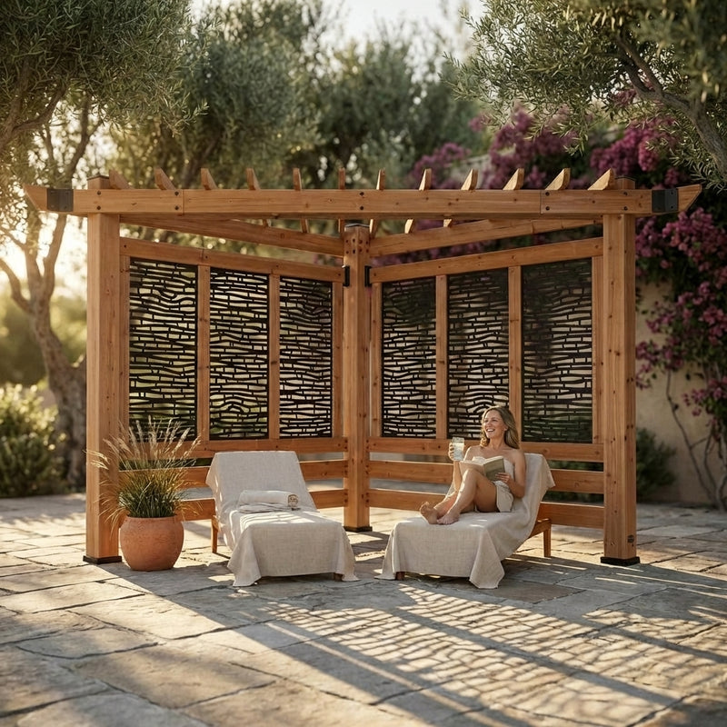 Verona 8 Ft. X 8 Ft. Light Brown Wooden Cabana Pergola with Bamboo Privacy Panels