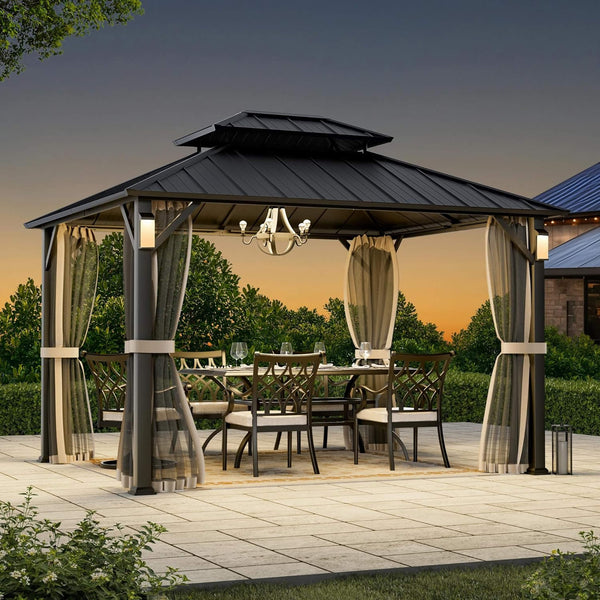Luxury Double Roof Hardtop Aluminum Gazebo With Decor Hooks, Mosquito Nettings, And LED Lights (SAK91824)