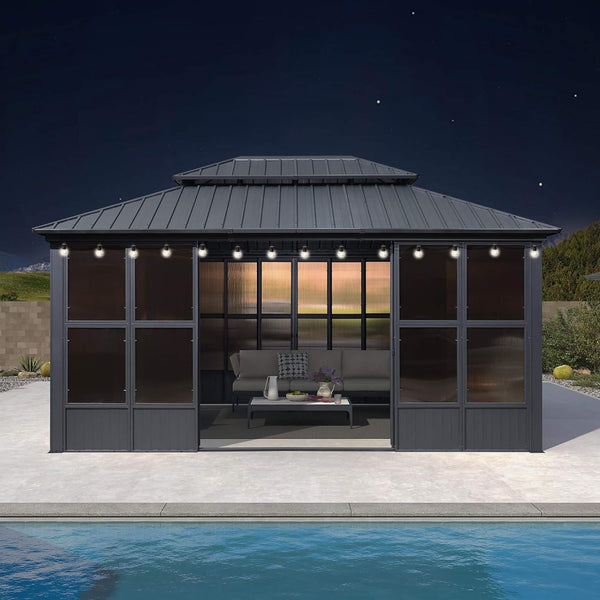 Vista Outdoor Hardtop Aluminum Solarium With Double Roof And LED Lights