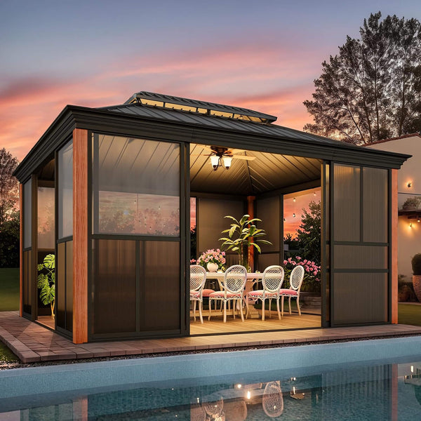Solstice Premium All-Season Outdoor Wood Grain Sunroom With Sliding Doors And Double Top Roof