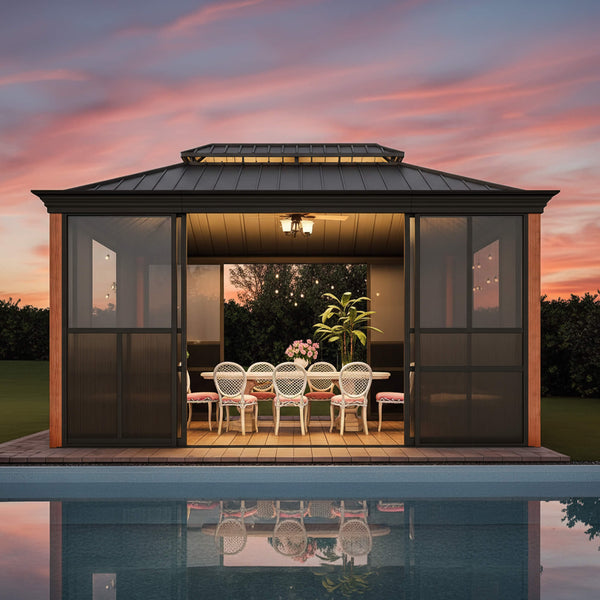 Solstice Premium All-Season Outdoor Wood Grain Sunroom With Sliding Doors And Double Top Roof